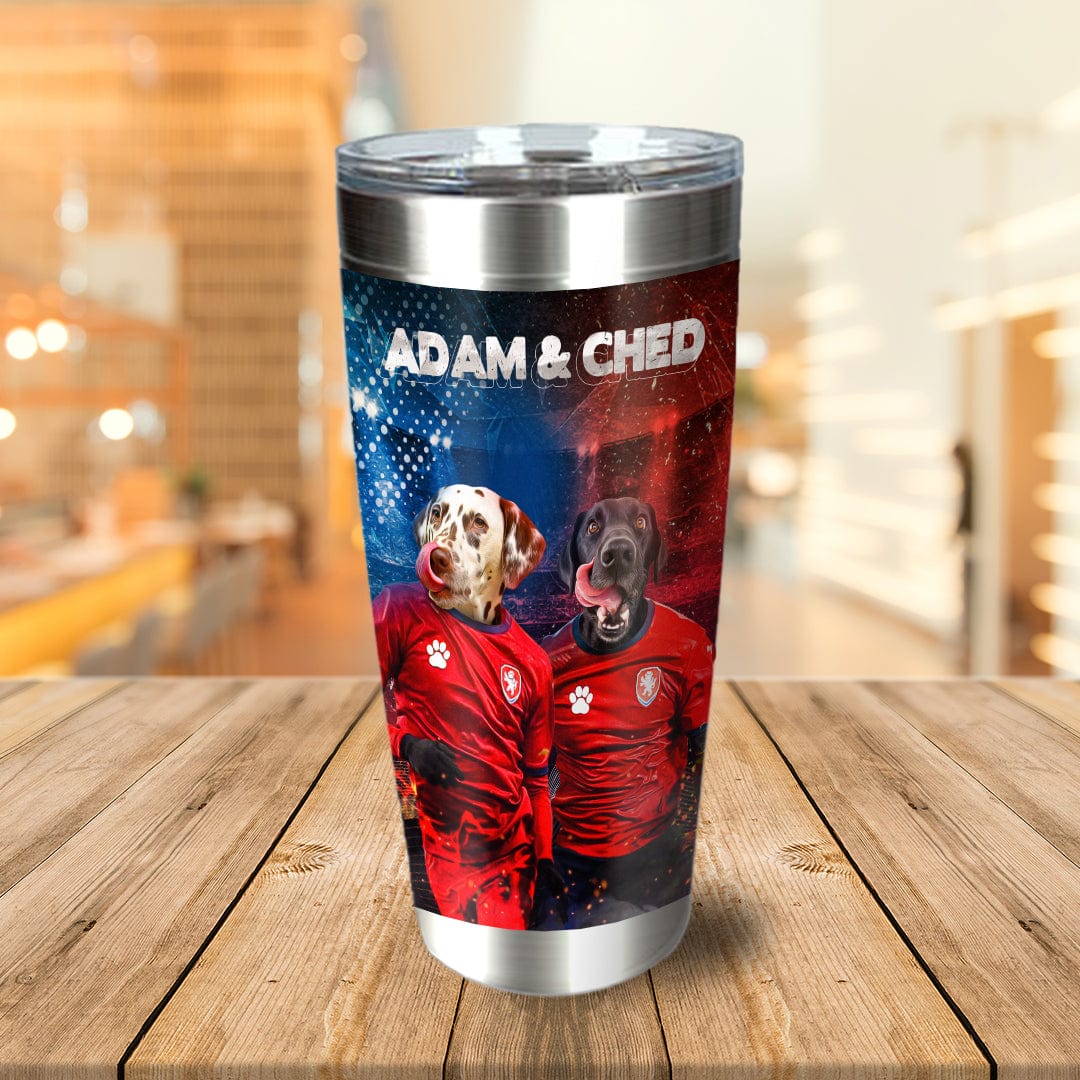 Personalized stainless steel tumbler with two dogs in red soccer jerseys, "Adam & Ched" text.
