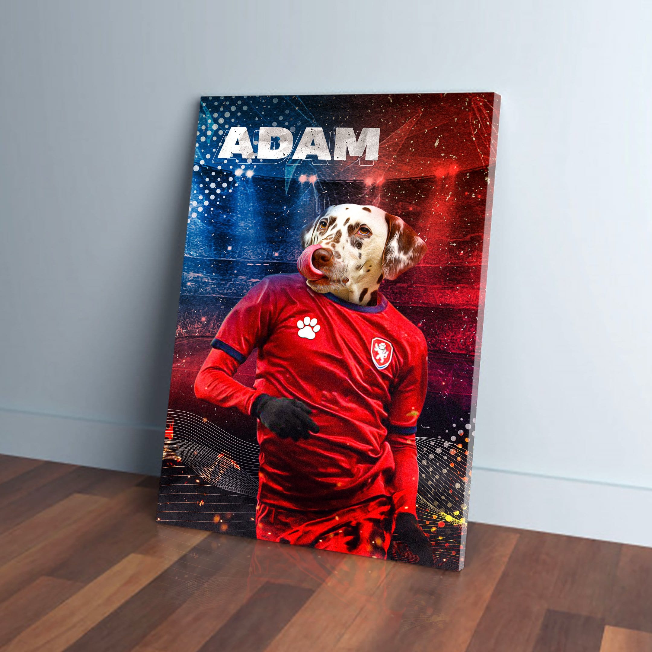 Personalized pet canvas featuring a Dalmatian dog in a red Czech Republic soccer jersey.