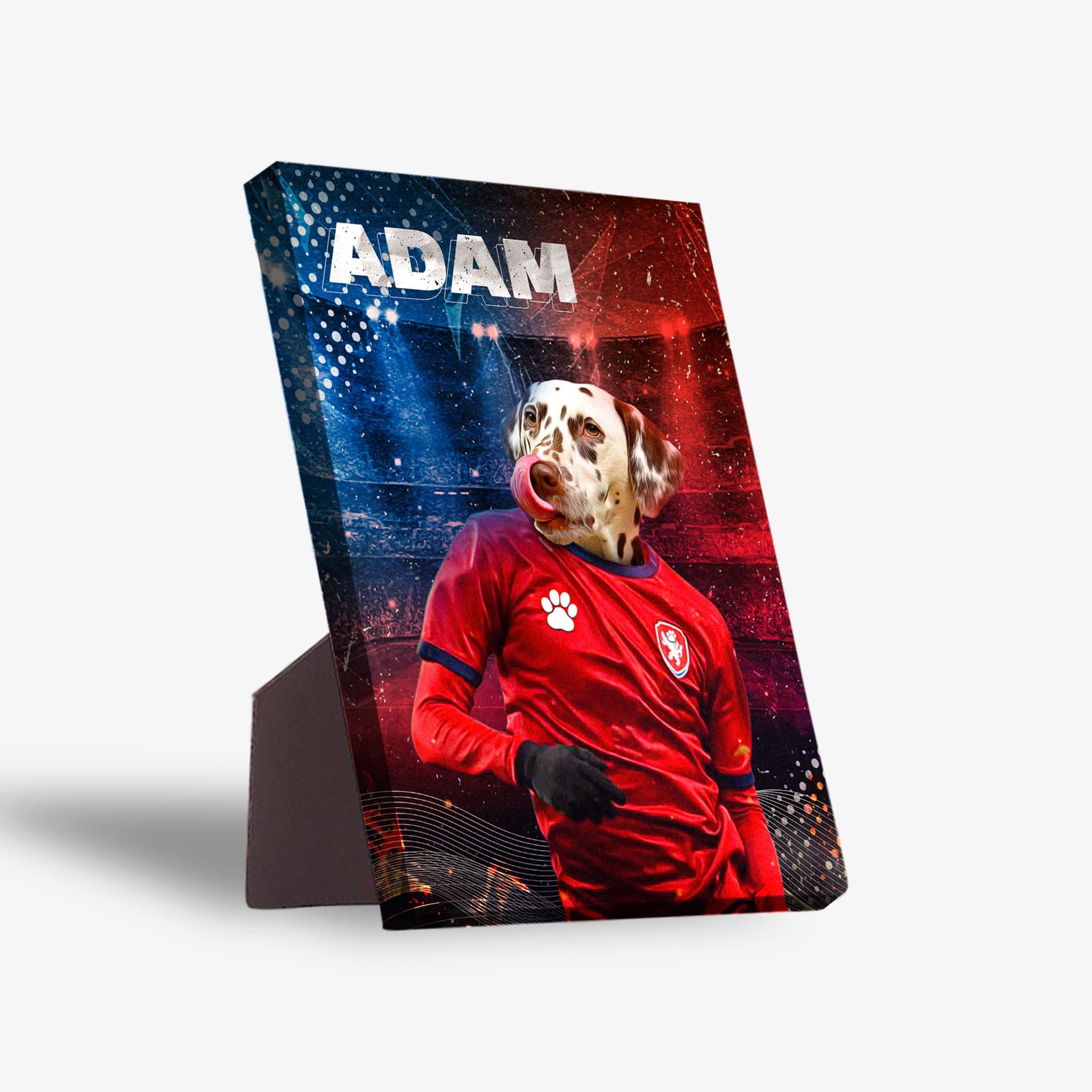 Personalized Czech Doggos Soccer standing canvas featuring a Dalmatian in a red jersey with "ADAM" at the top.