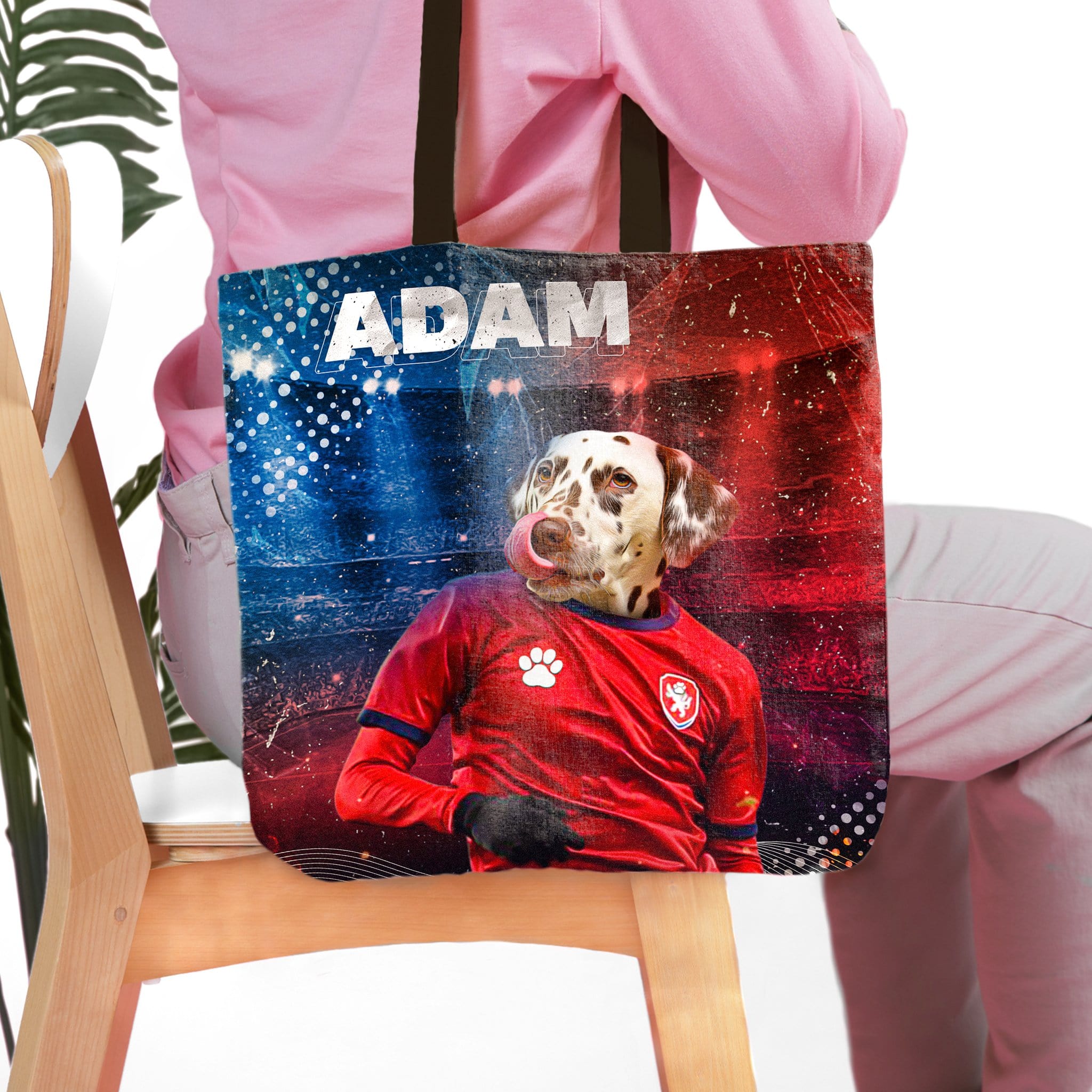 Personalized tote bag with a Dalmatian dog portrait in a Czech Republic soccer uniform.