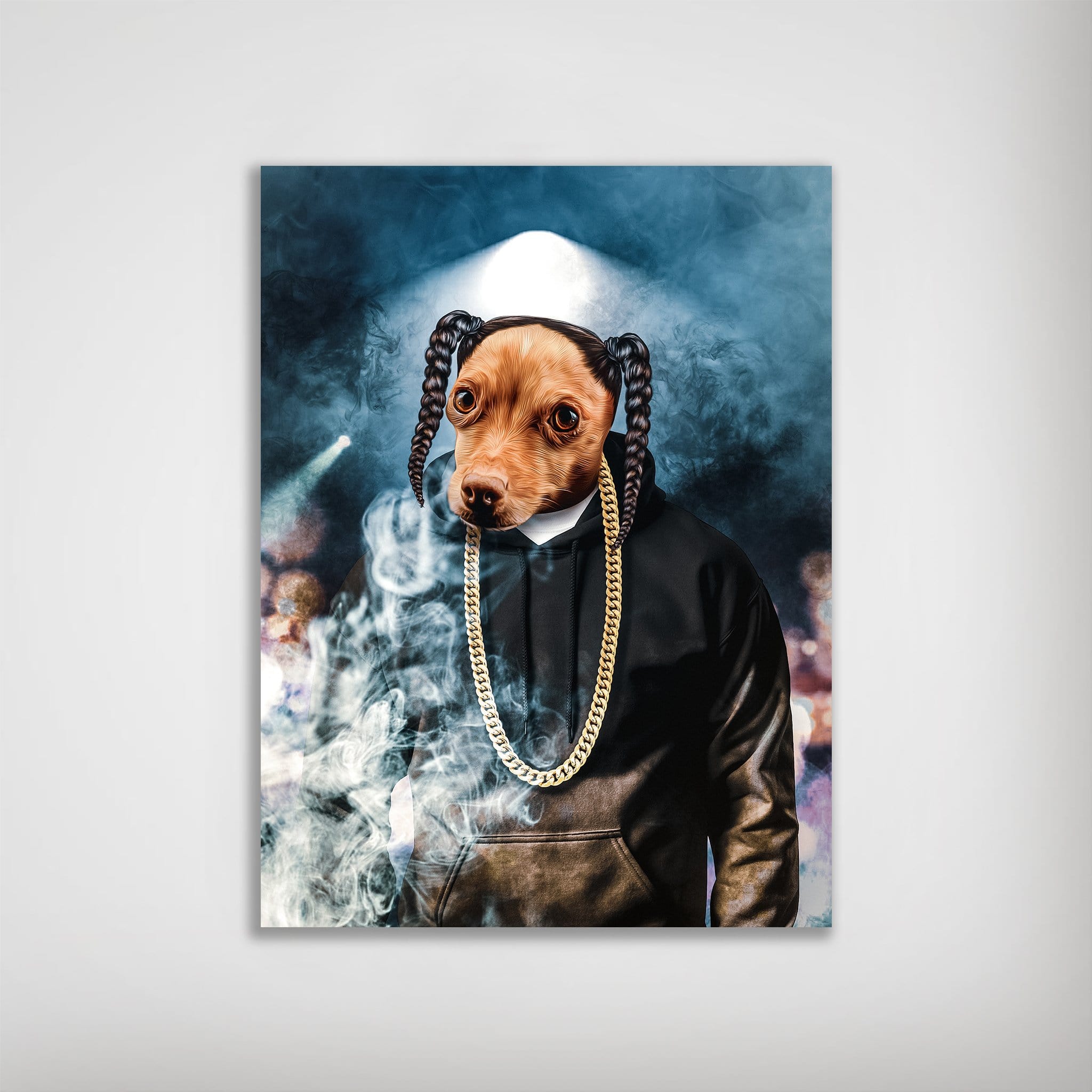 Personalized 'D.O. Double G' dog poster featuring a brown dog in a black hoodie, gold chain, and braids.