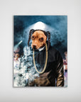 Personalized 'D.O. Double G' dog poster featuring a brown dog in a black hoodie, gold chain, and braids.