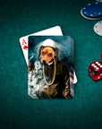 Personalized pet playing cards featuring a custom dog portrait in a 'D.O. Double G' style.