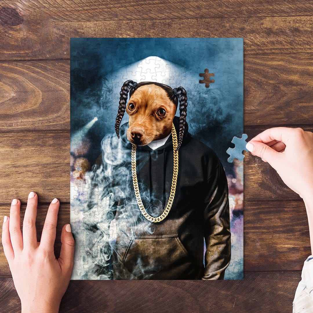 Personalized pet puzzle featuring a dog in a black hoodie and gold chain, styled as a rapper.