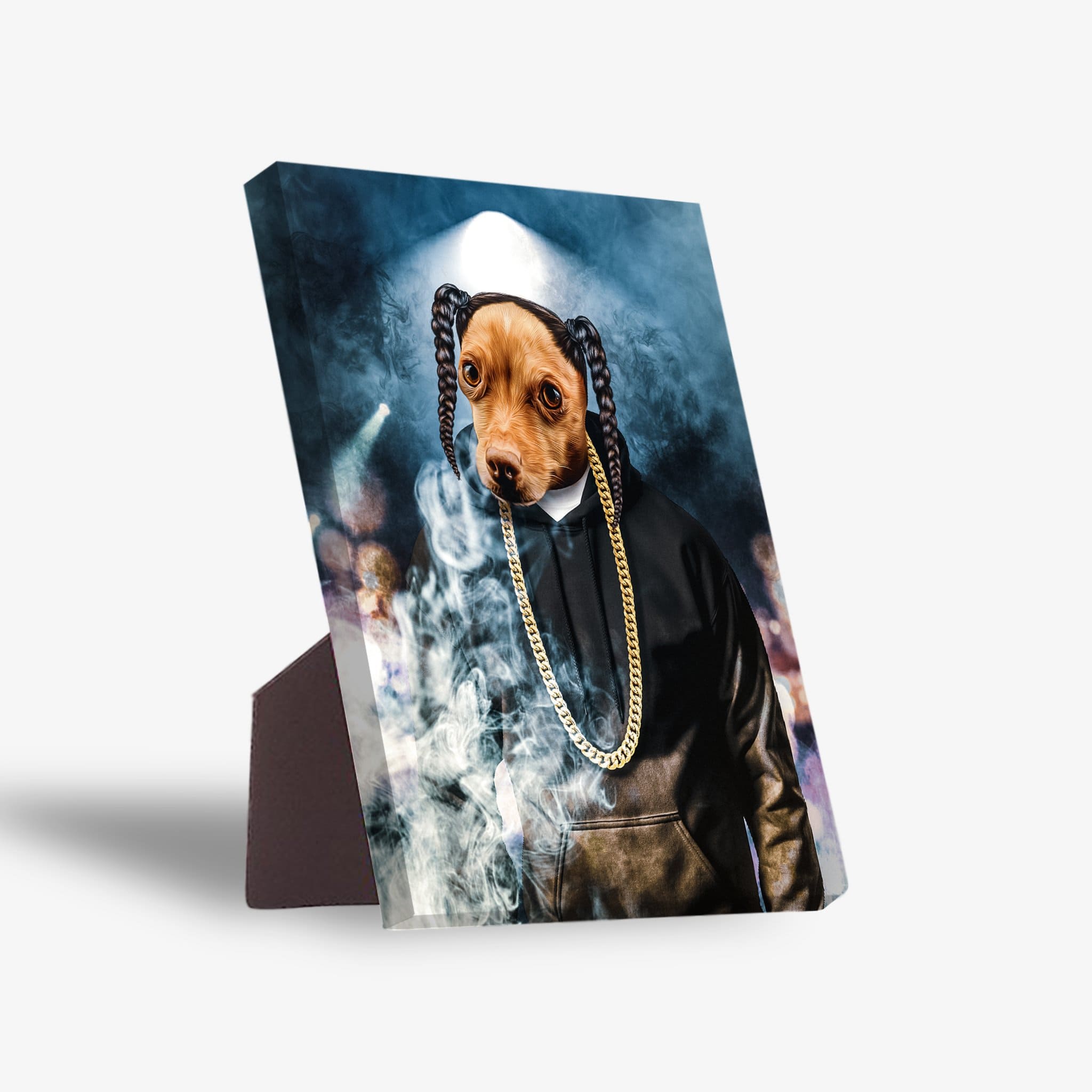 Personalized pet standing canvas featuring a dog's head on a figure in a black hoodie and gold chain.