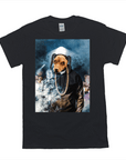Black Gildan unisex t-shirt featuring a personalized pet portrait of a dog wearing a hoodie and gold chain.