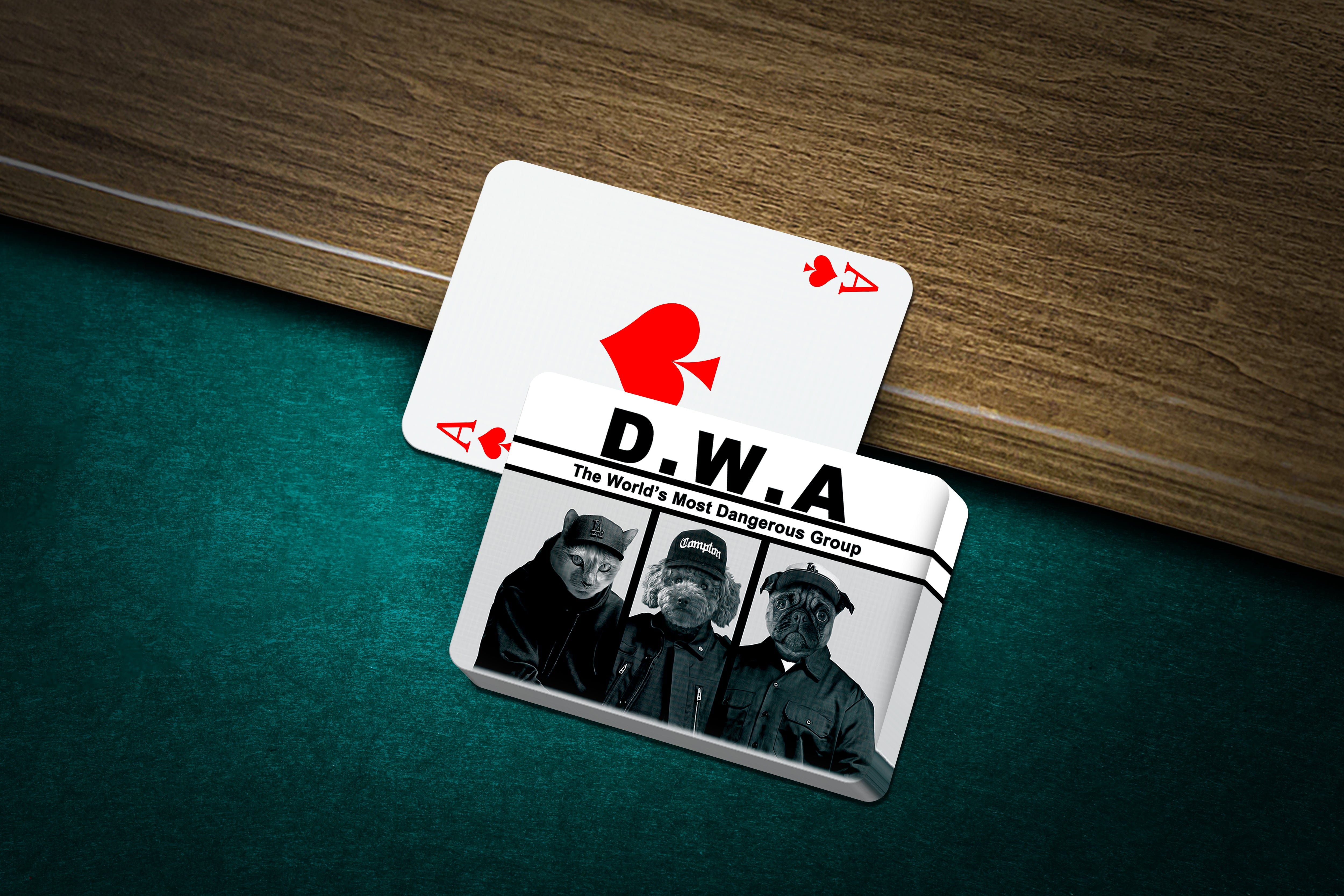 Personalized D.W.A. playing cards featuring custom pet portraits of a cat, dog, and pug.