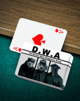 Personalized D.W.A. playing cards featuring custom pet portraits of a cat, dog, and pug.