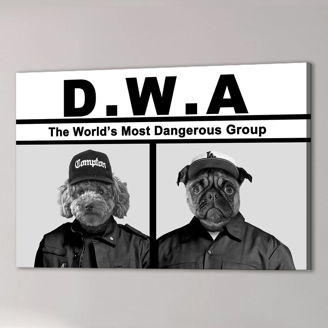Black and white personalized canvas featuring two pets dressed as rappers with "D.W.A." text.