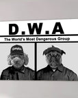 Black and white personalized canvas featuring two pets dressed as rappers with "D.W.A." text.