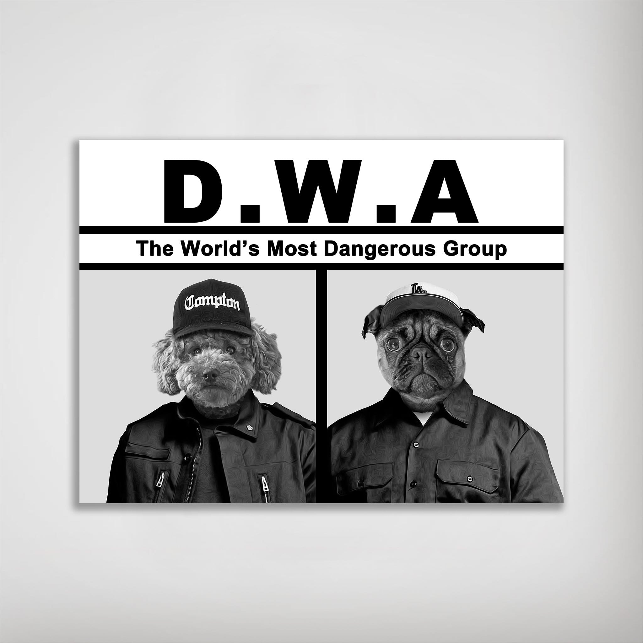 Black and white personalized poster featuring two pets dressed as "D.W.A." members, a poodle and a pug.