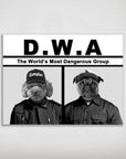 Black and white personalized poster featuring two pets dressed as "D.W.A." members, a poodle and a pug.