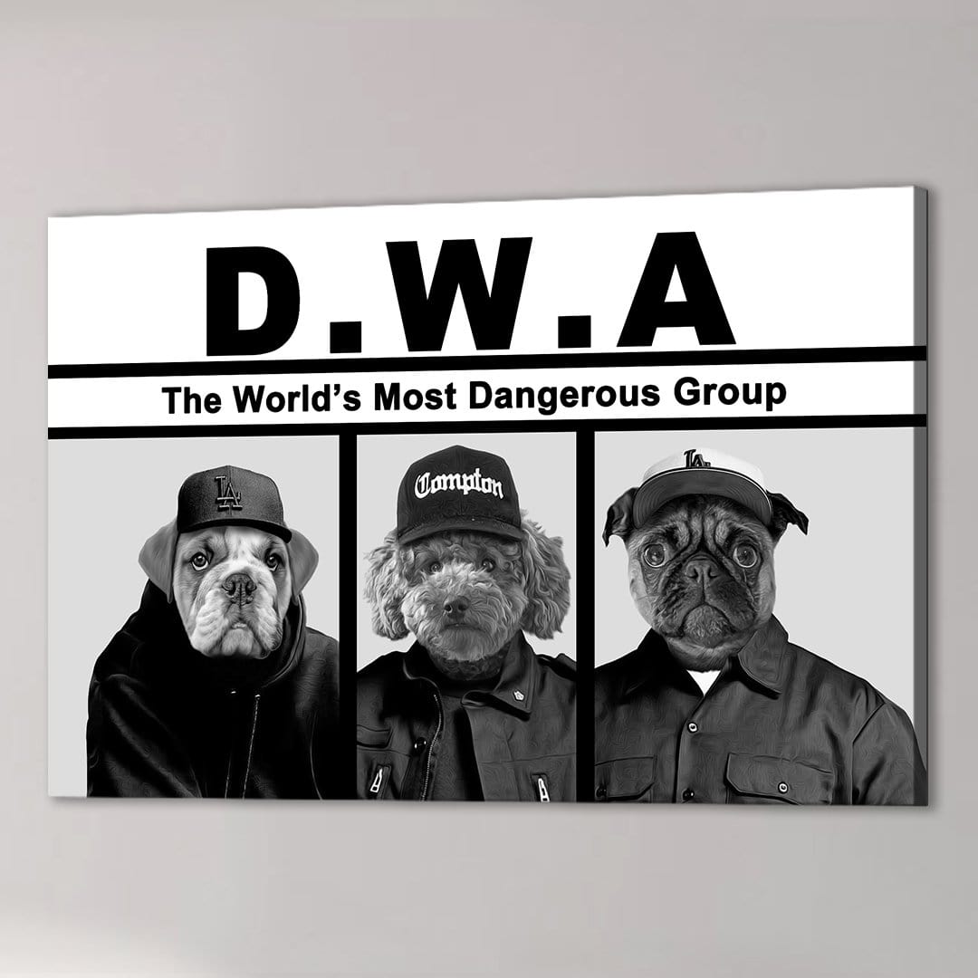 Personalized D.W.A. 3-pet canvas featuring a bulldog, poodle, and pug in black and white.