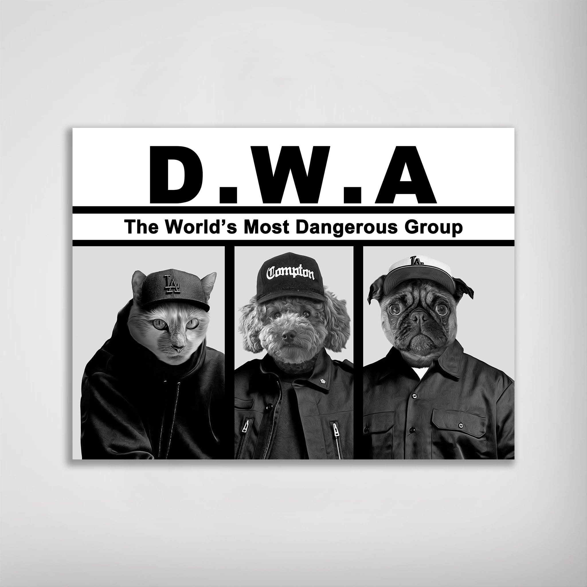 Personalized D.W.A. "Doggos With Attitude" poster featuring a cat, poodle, and pug in black and white.