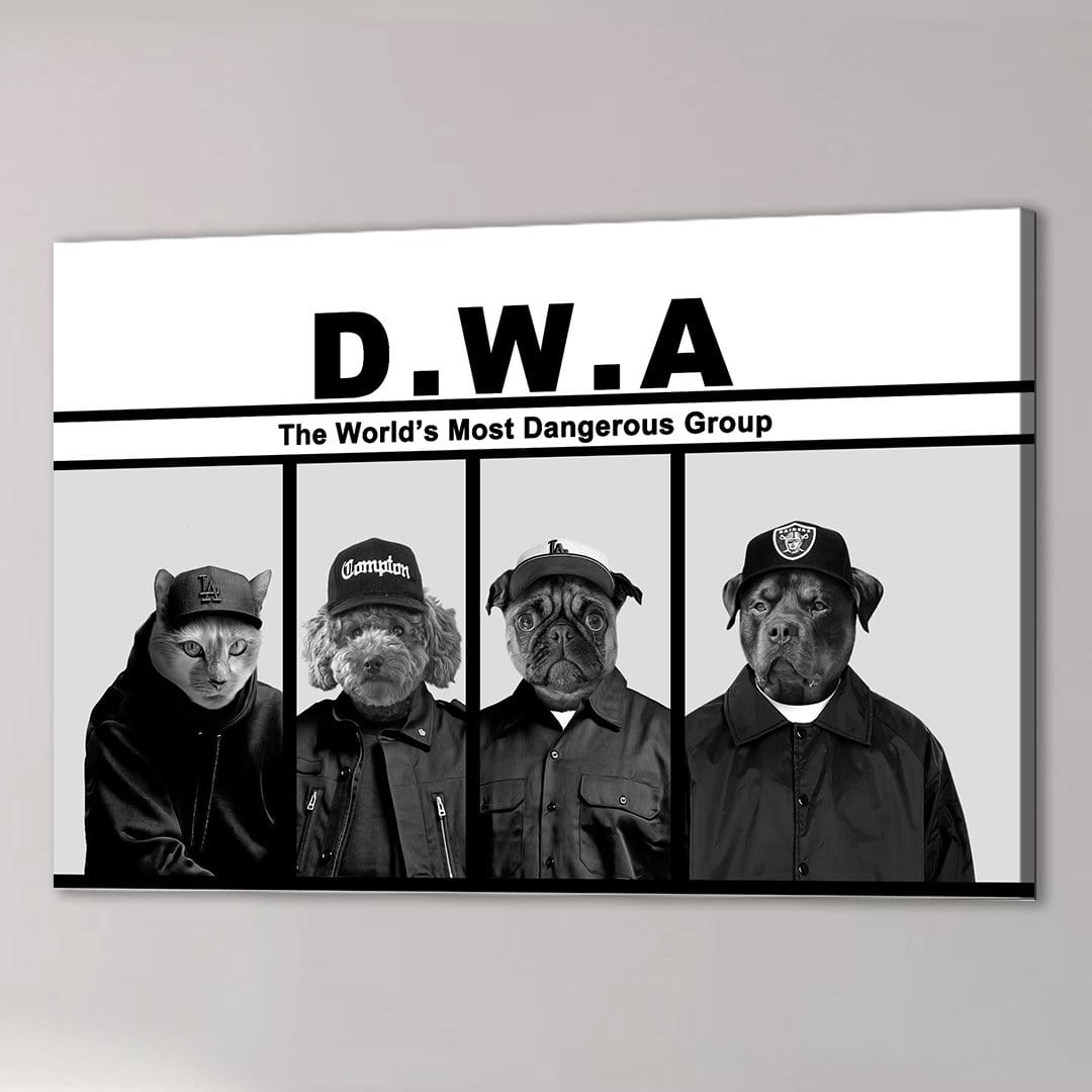 Black and white D.W.A. "The World's Most Dangerous Group" canvas featuring four pets in hats and jackets.