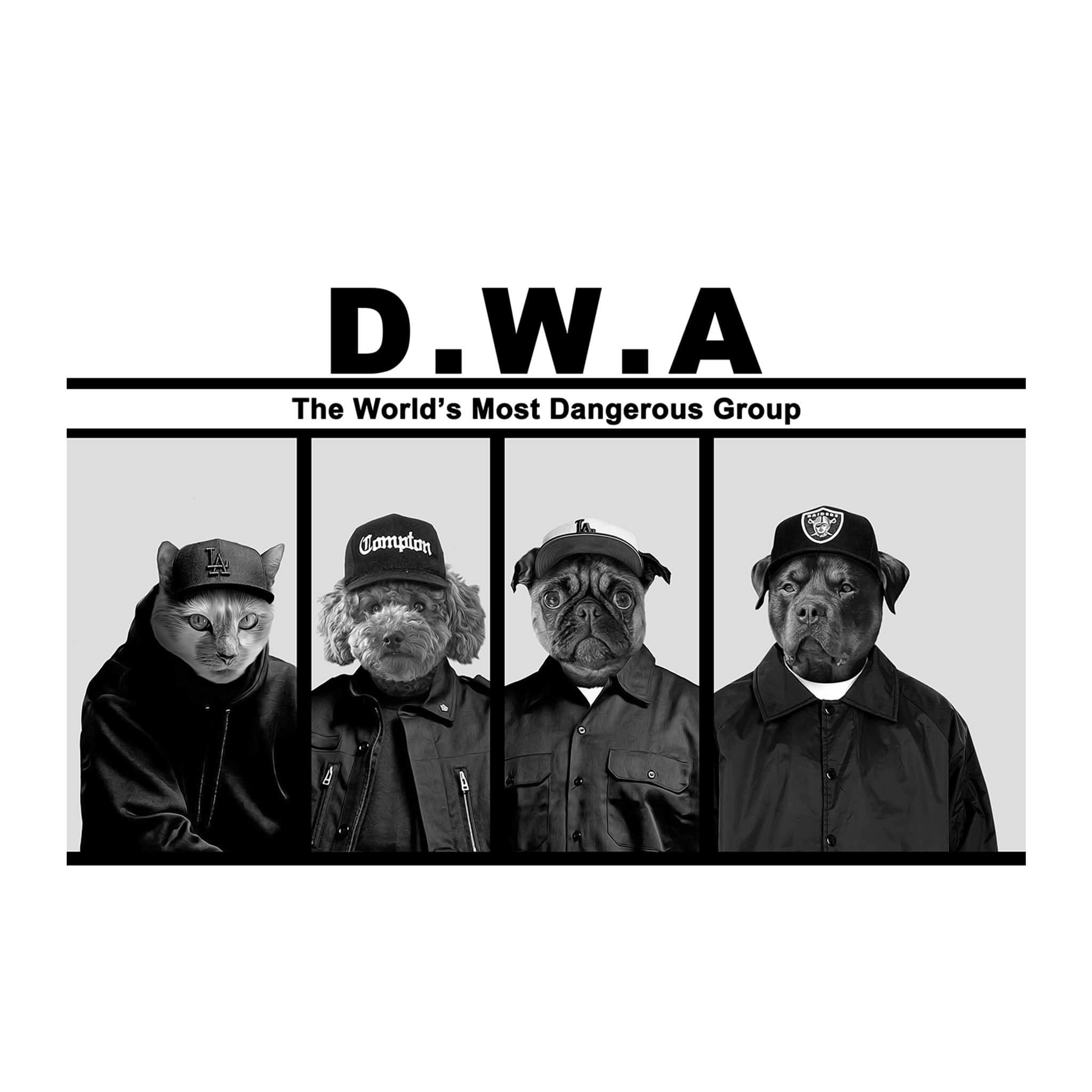 Custom D.W.A. 4-pet digital portrait featuring a cat and three dogs in gangsta attire.