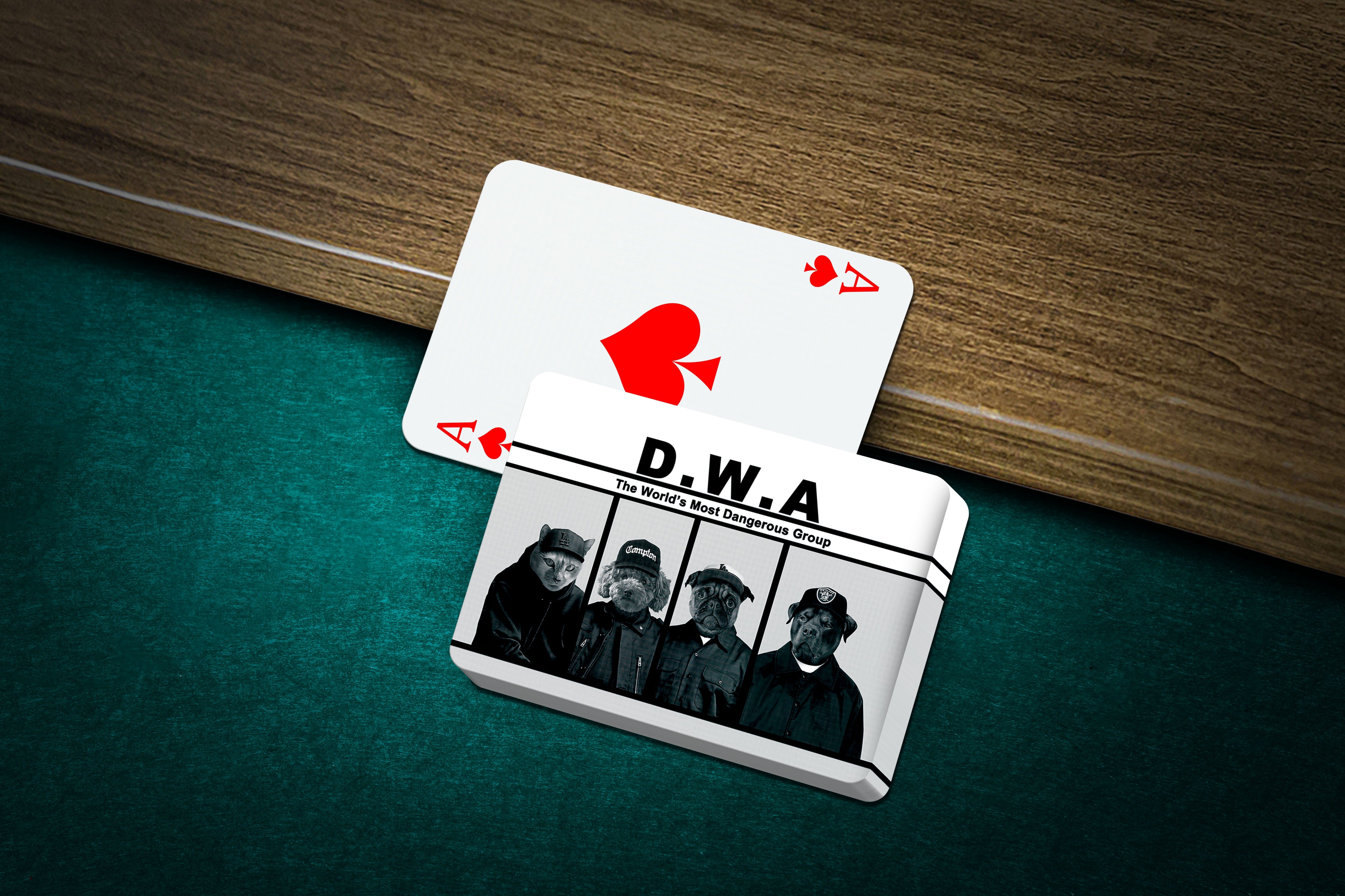 Personalized D.W.A. playing cards featuring four custom pet portraits in a black and white cartoon style.