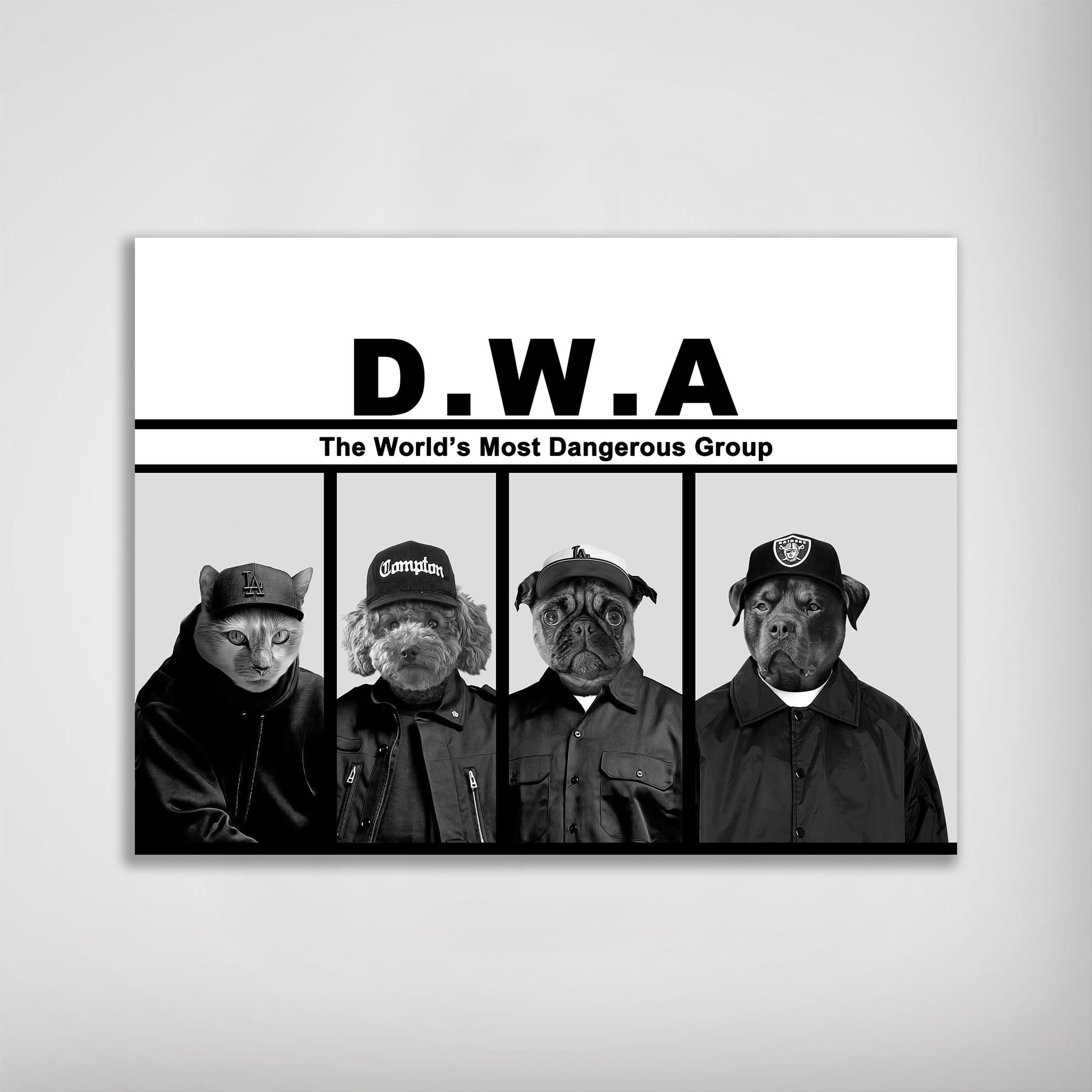 Black and white personalized poster featuring four pets dressed as a hip-hop group, with "D.W.A." text.