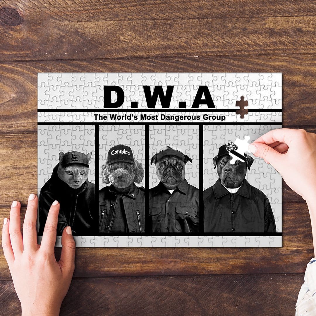 Personalized D.W.A. pet puzzle featuring a cat and three dogs in black and white gangster attire.