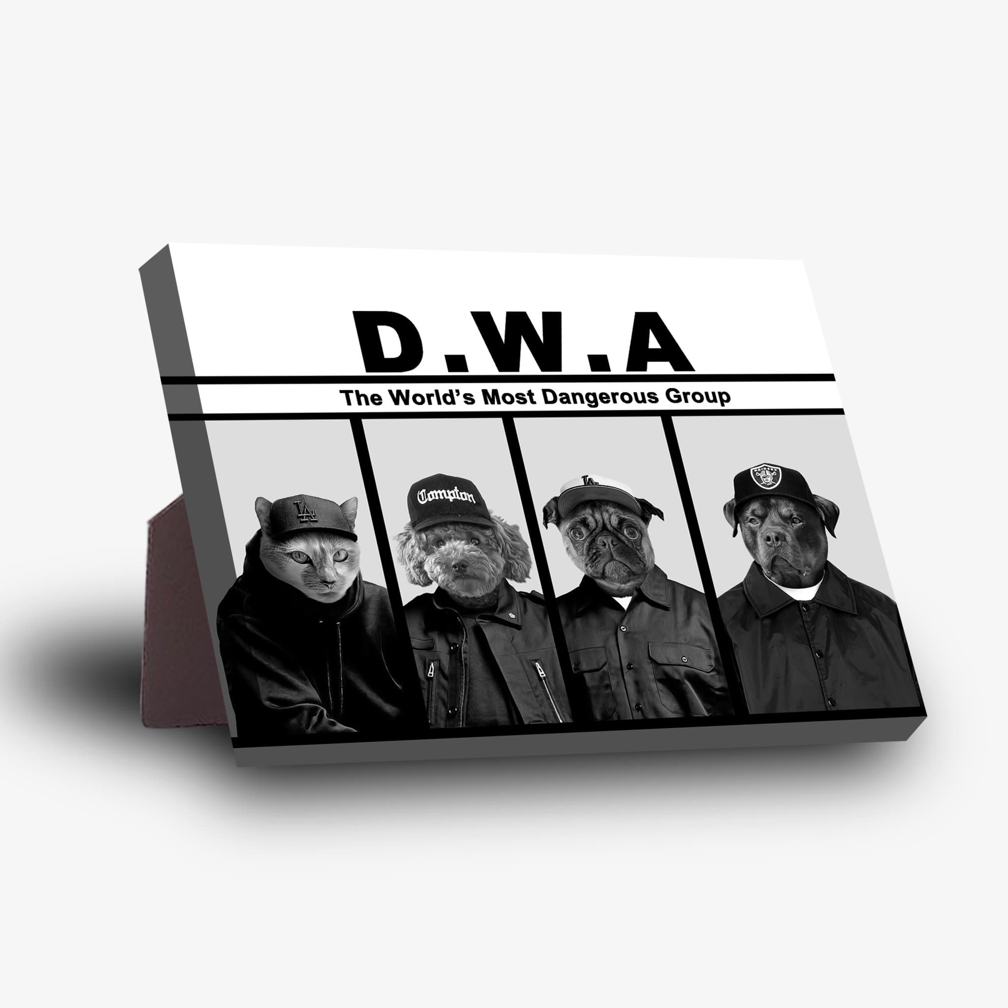 Personalized D.W.A. standing canvas featuring four pets in black and white, dressed in hip-hop attire.