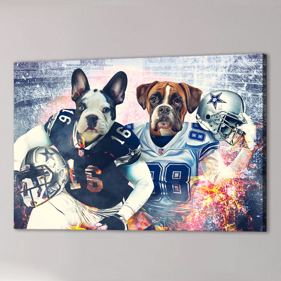 Personalized Dallas Doggos canvas featuring a French Bulldog and Boxer in football uniforms.