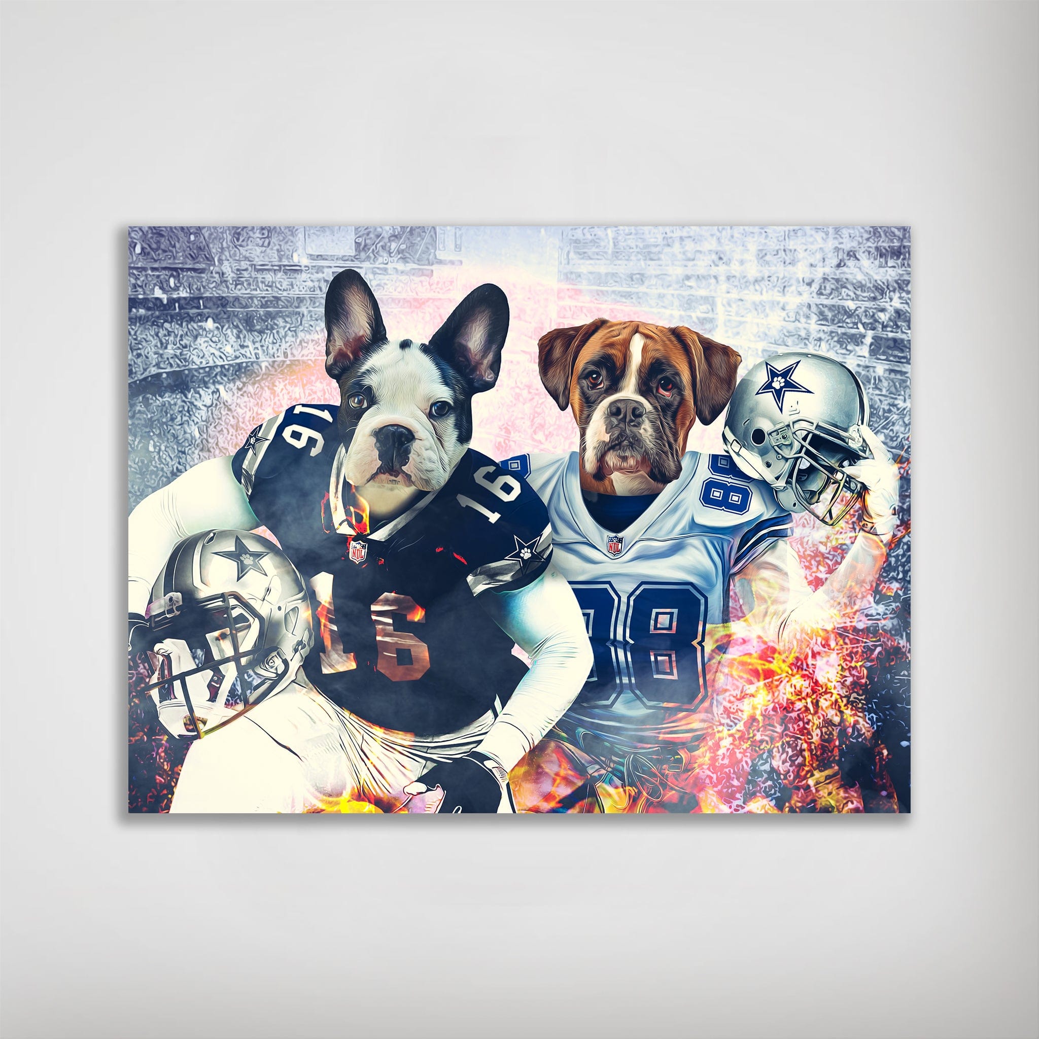Personalized 'Dallas Doggos' poster featuring a French Bulldog and Boxer in football uniforms.