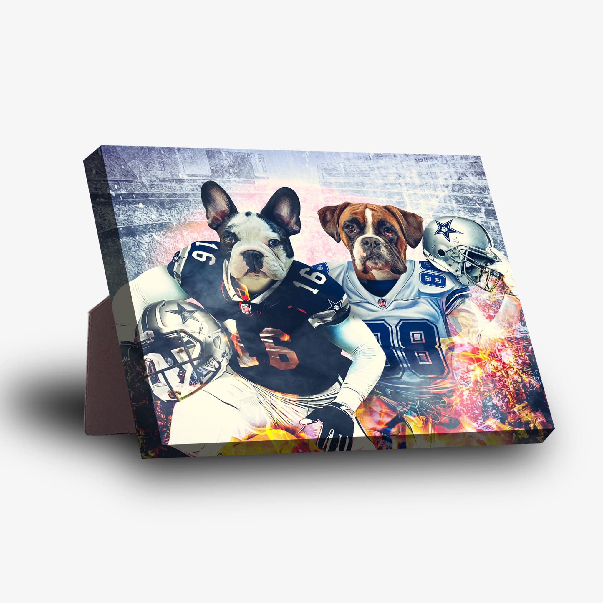 Personalized standing canvas featuring two pets as football players in Dallas Doggos jerseys.