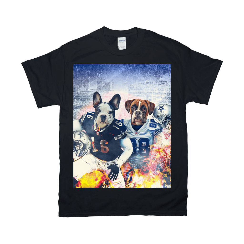 Black Gildan t-shirt featuring a French Bulldog and Boxer in football uniforms with fiery background.