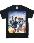 Black Gildan t-shirt featuring a French Bulldog and Boxer in football uniforms with fiery background.