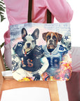 Personalized tote bag with two pet portraits: a French Bulldog and a Boxer in football uniforms.