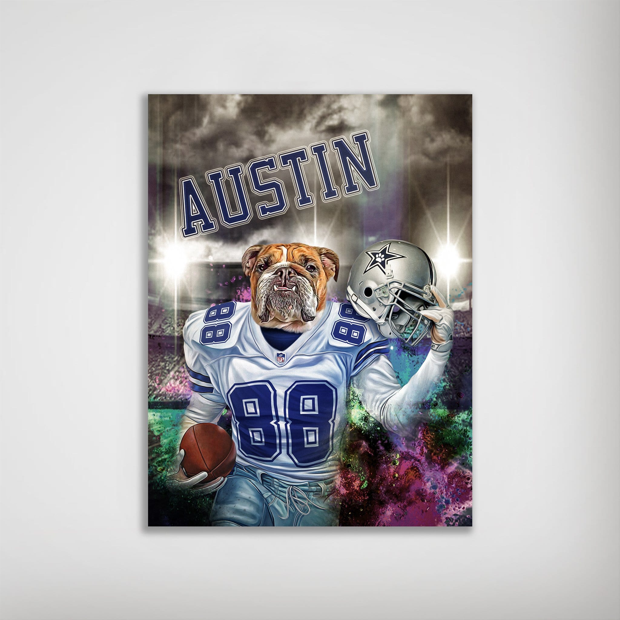 Personalized Dallas Doggos poster featuring a bulldog in a Cowboys uniform with a football and helmet.
