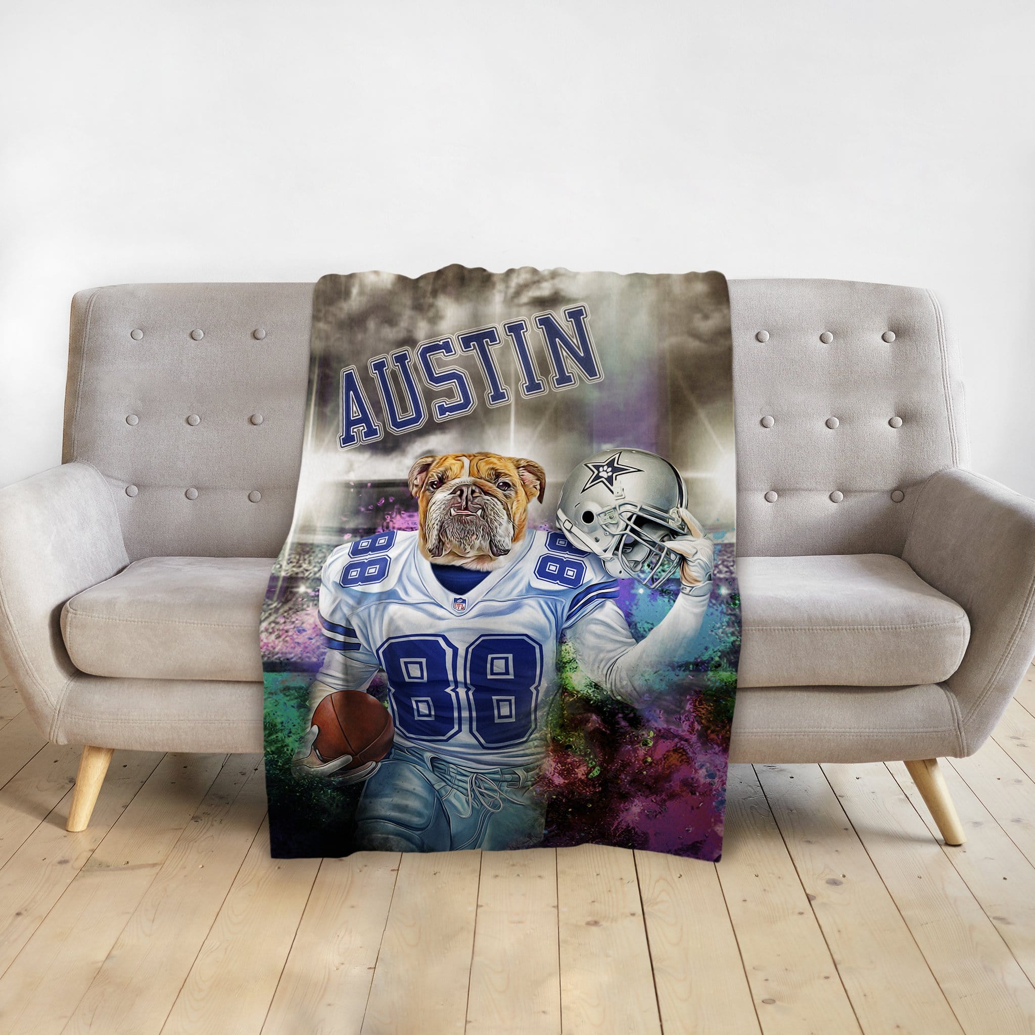Personalized pet blanket with a bulldog in a Dallas Cowboys football uniform, holding a helmet.