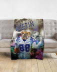 Personalized pet blanket with a bulldog in a Dallas Cowboys football uniform, holding a helmet.