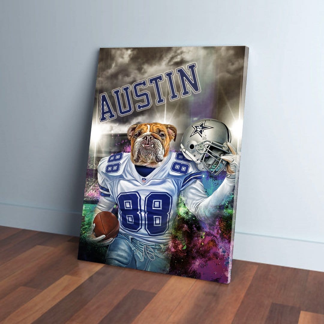 Personalized 'Dallas Doggos' pet canvas featuring a bulldog in a Cowboys uniform with "AUSTIN" and a helmet.
