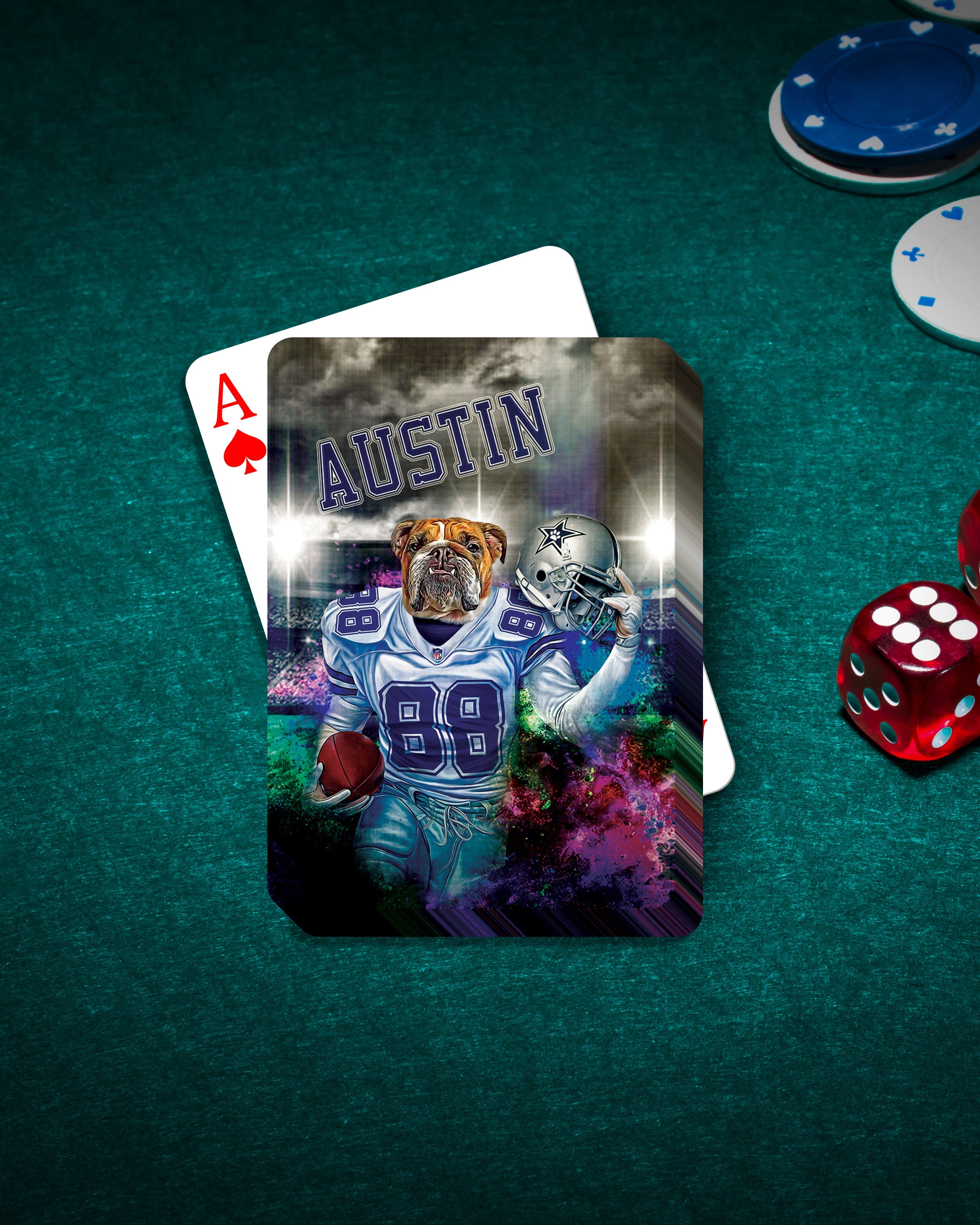 Personalized playing card featuring a bulldog in a Dallas Cowboys football uniform, named "Austin.