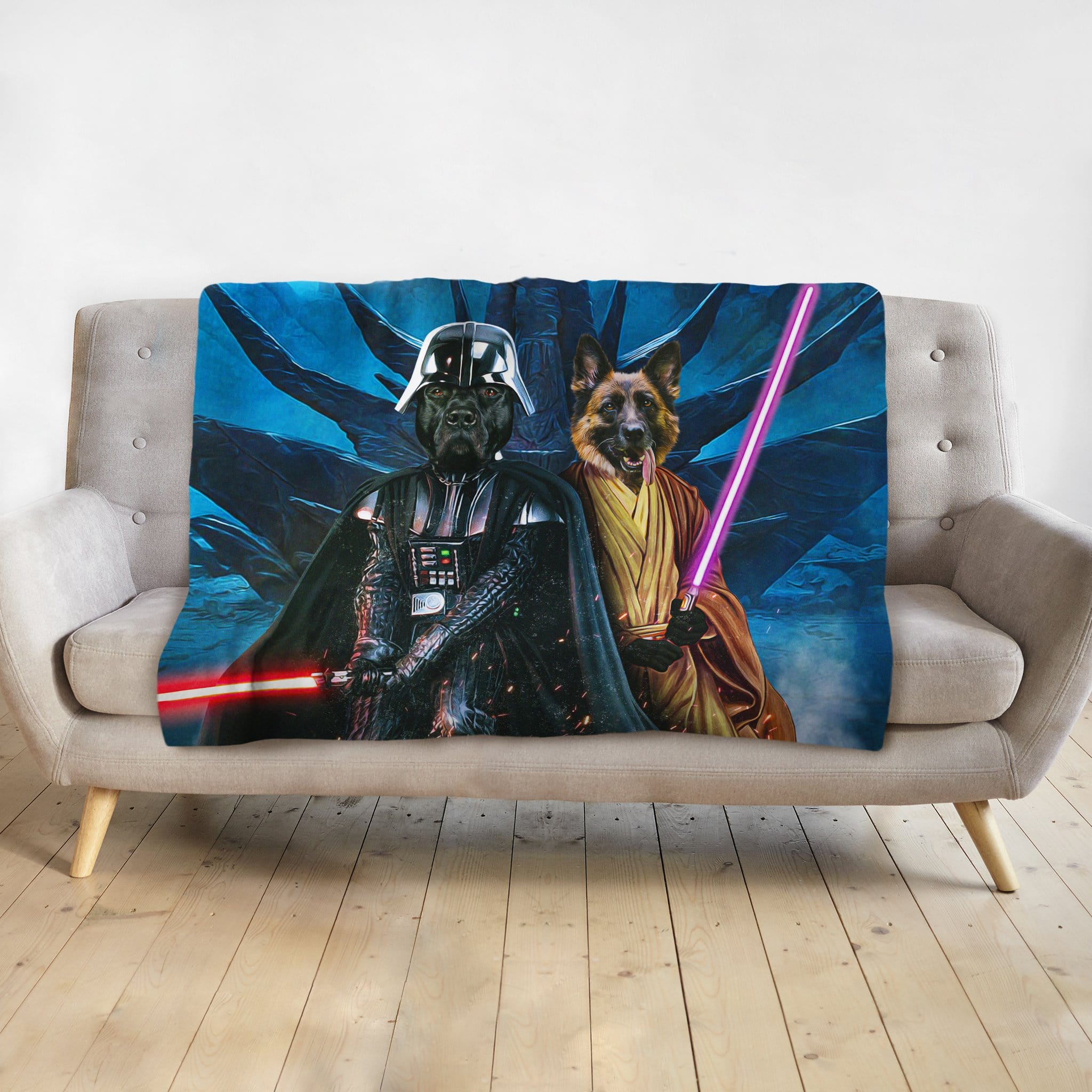Personalized 2-pet blanket featuring a black dog as Darth Vader and a German Shepherd as a Jedi.