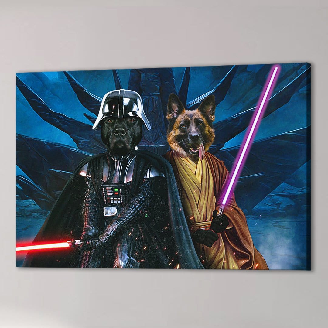 Personalized canvas featuring two dogs as Darth Vader with a red lightsaber and a Jedi with a purple lightsaber.