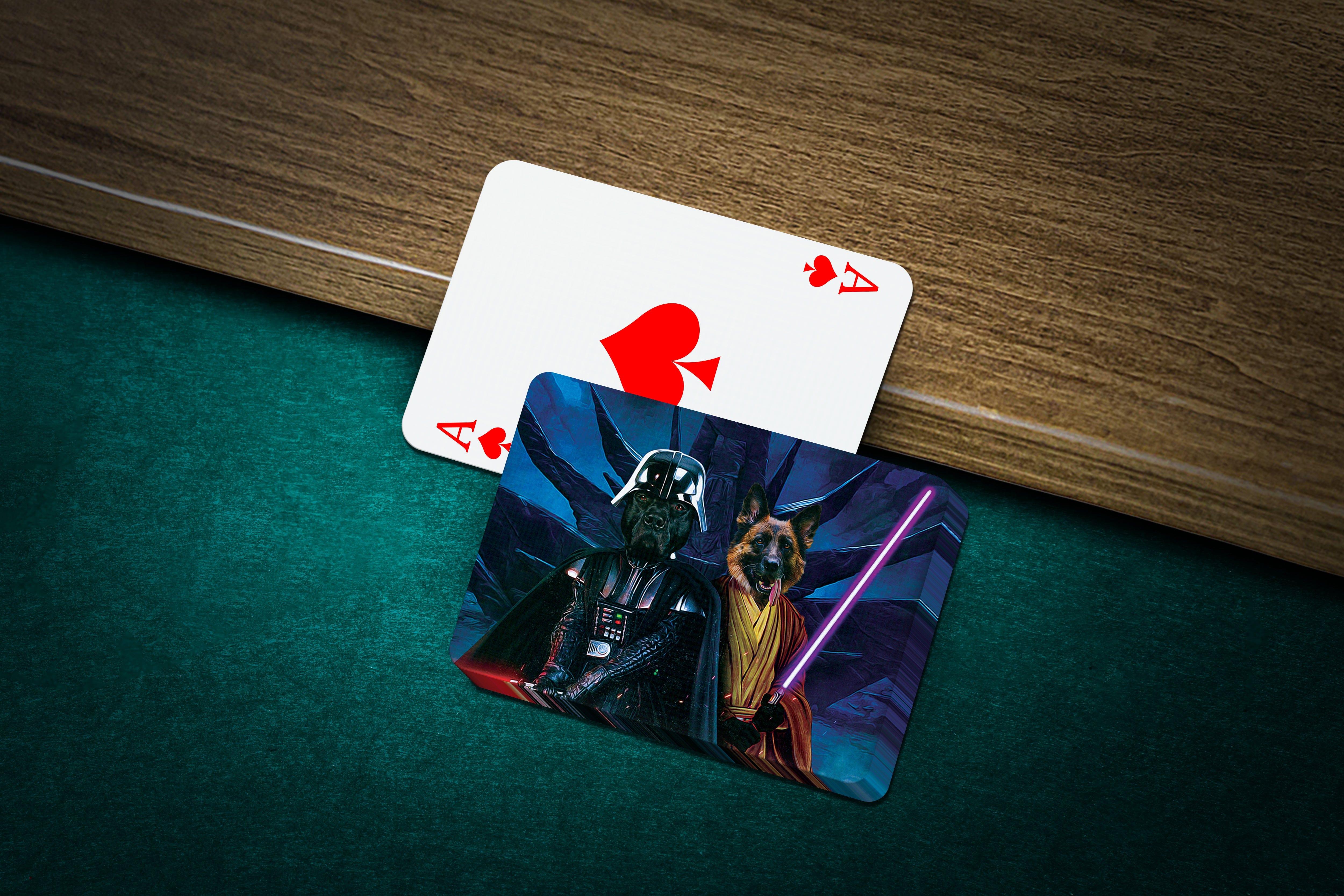 Personalized playing cards featuring a custom pet portrait of a dog as Jedi-Doggo and Darth Woofer.