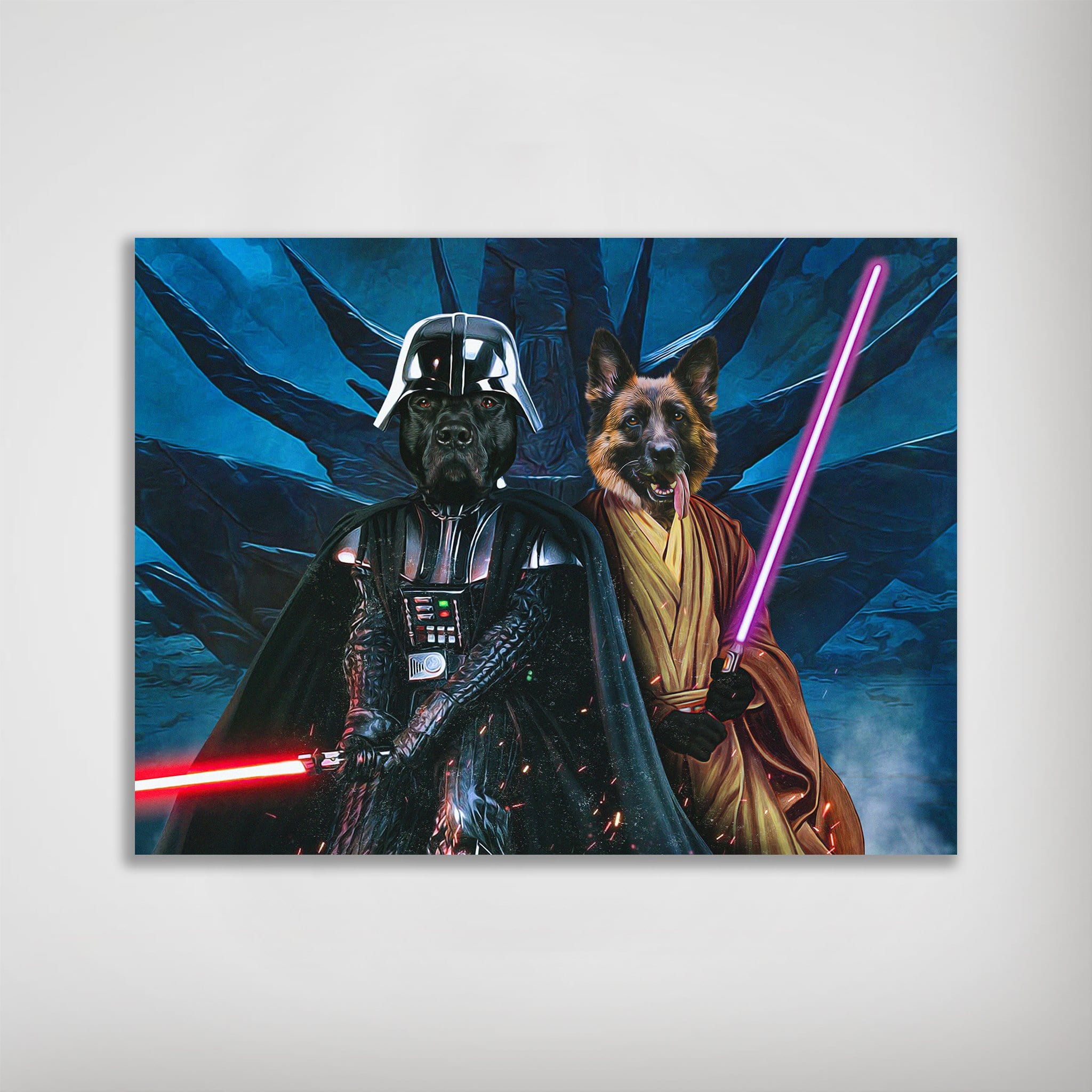 Personalized "Darth Woofer & Jedi-Doggo" poster featuring two dogs as Star Wars characters with lightsabers.