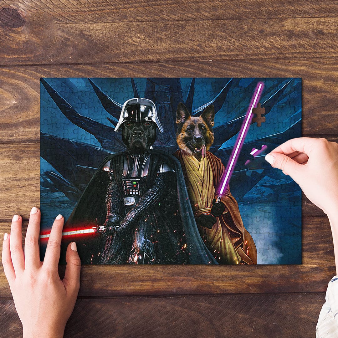 Personalized 2-pet puzzle featuring a black dog as Darth Woofer and a German Shepherd as Jedi-Doggo.