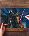 Personalized 2-pet puzzle featuring a black dog as Darth Woofer and a German Shepherd as Jedi-Doggo.
