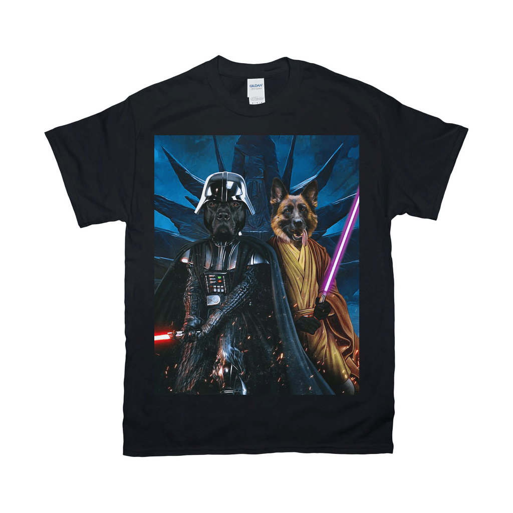 Black Gildan t-shirt featuring a personalized graphic of two dogs dressed as Darth Vader and a Jedi with lightsabers.