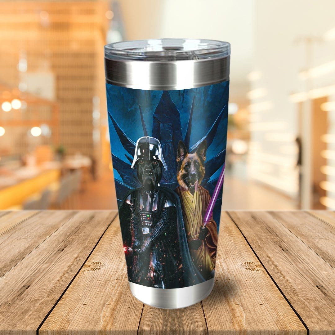 Personalized stainless steel tumbler with custom pet portraits as Darth Vader and a Jedi dog.