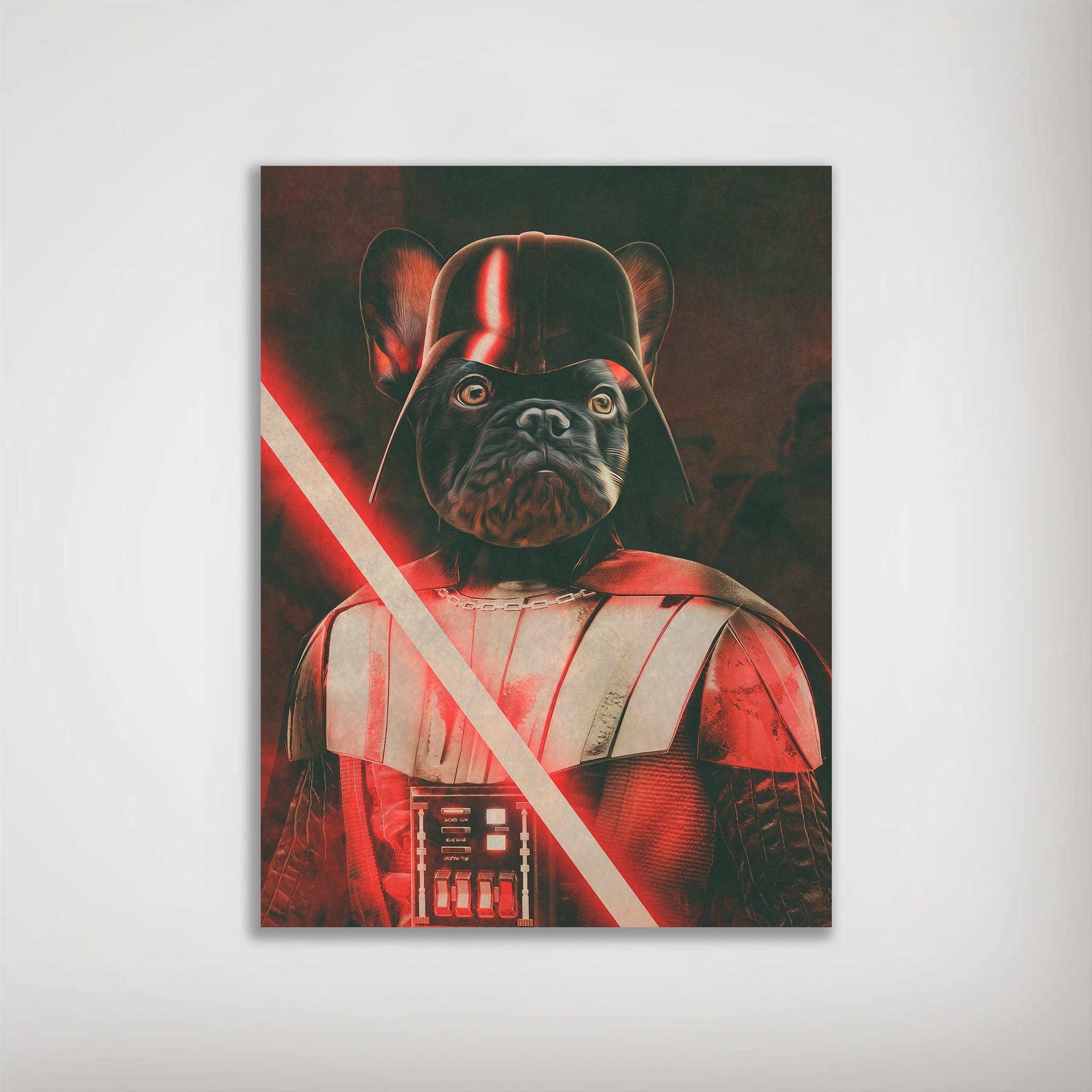 Personalized "Darth Woofer" poster featuring a French Bulldog in a black Darth Vader costume with a red lightsaber.