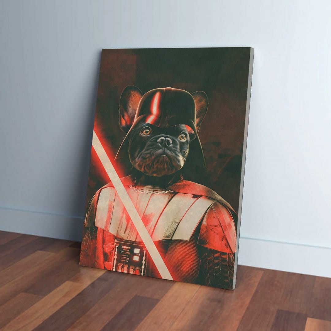 Personalized 'Darth Woofer' canvas featuring a French Bulldog in a black Darth Vader costume with a red lightsaber.