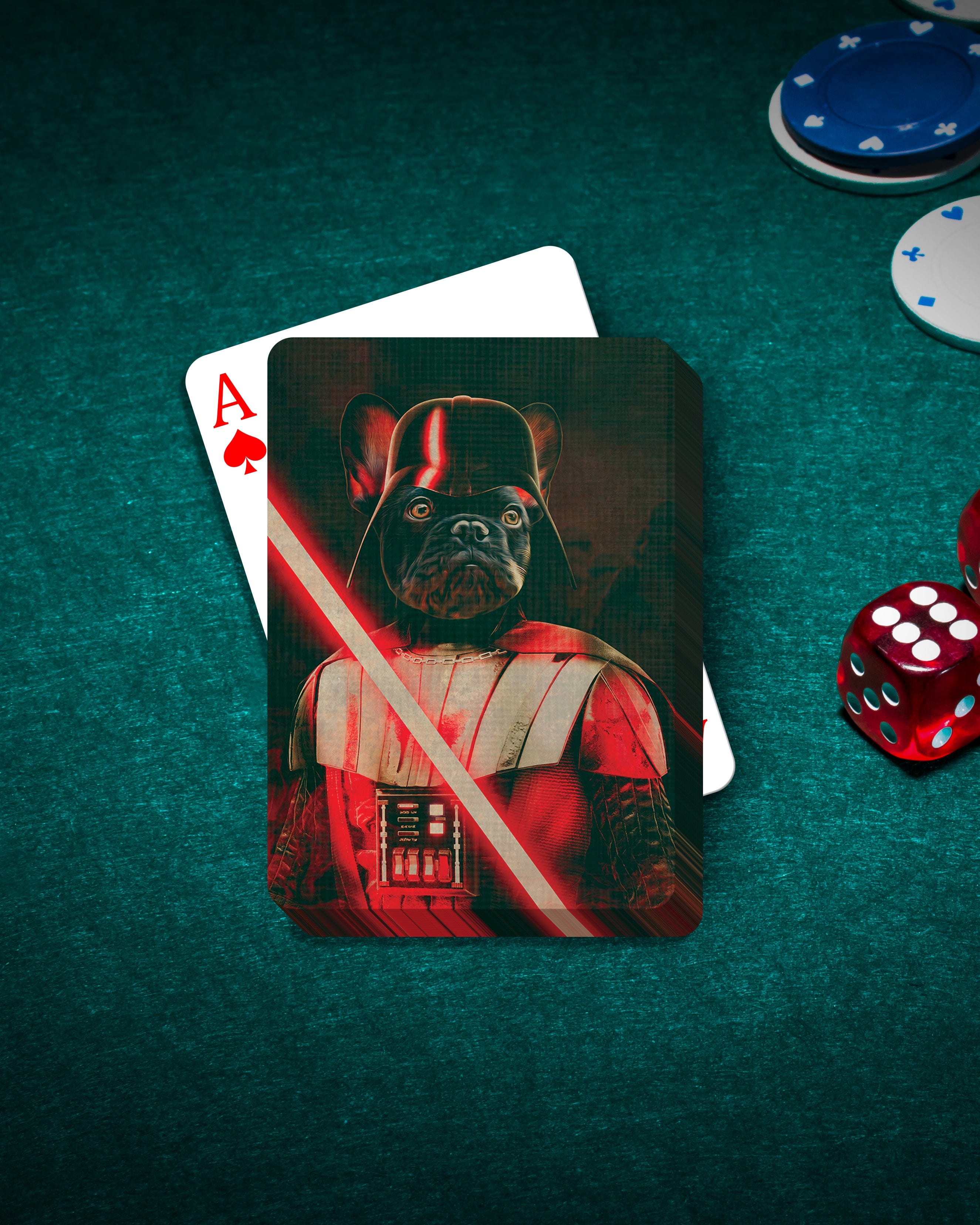 Personalized Darth Woofer playing cards featuring a French Bulldog in a Darth Vader costume with a red lightsaber.