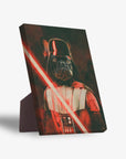 Darth Woofer personalized pet standing canvas featuring a French bulldog in a Darth Vader costume with a red lightsaber.
