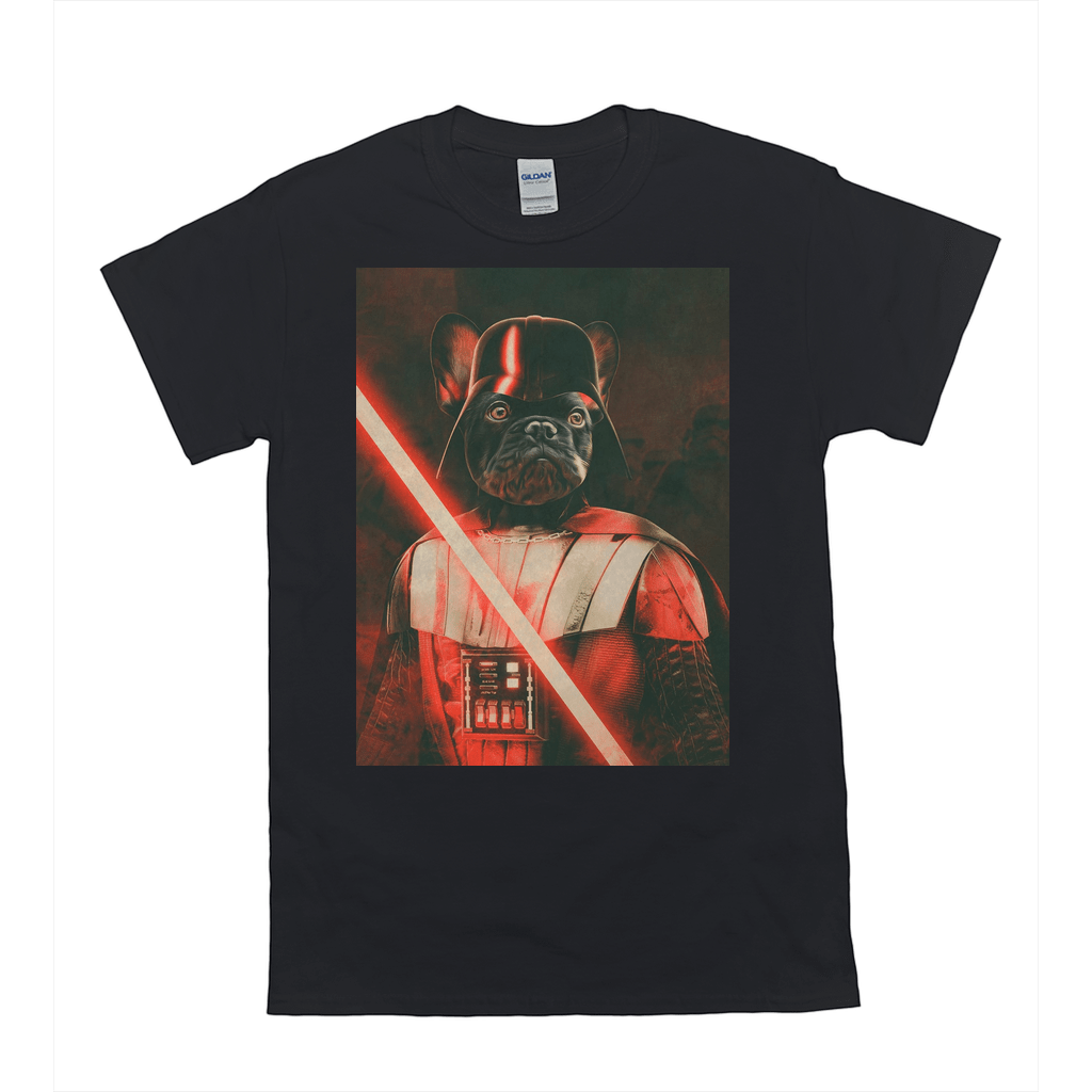 Black Gildan t-shirt with a "Darth Woofer" personalized French Bulldog in a Darth Vader costume holding a red lightsaber.