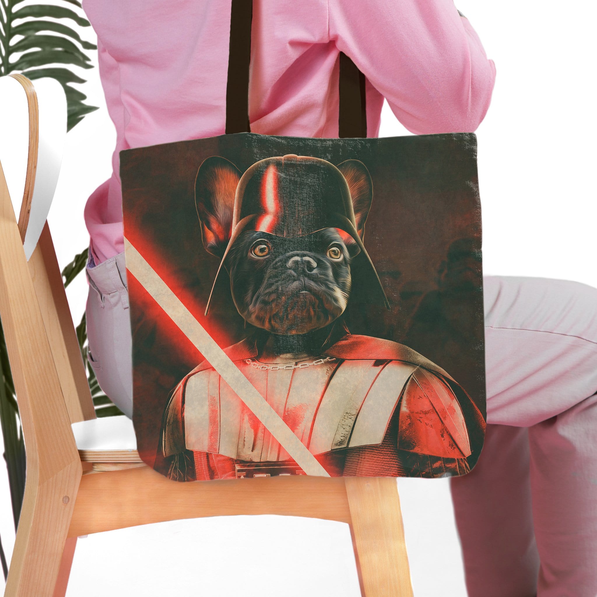 Personalized 'Darth Woofer' tote bag with a custom pet portrait of a French bulldog as Darth Vader.