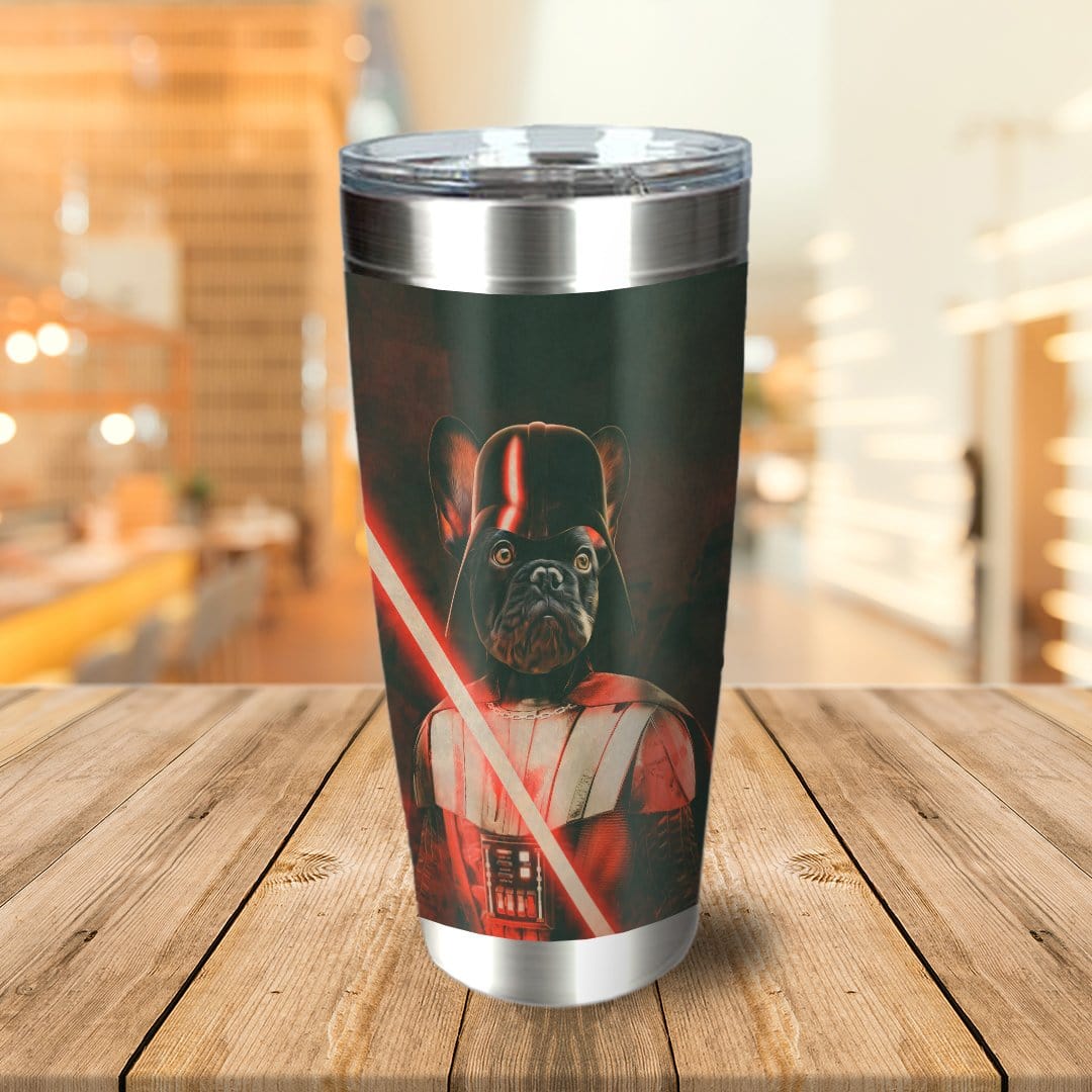 Personalized stainless steel tumbler with a custom French Bulldog pet portrait as Darth Vader holding a red lightsaber.